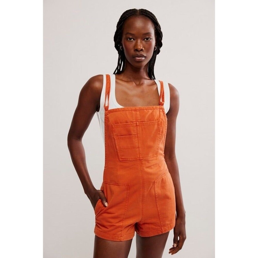 Free people Tough Love Shortalls Denim Romper Bib Cotton Sleeveless L-14 283796